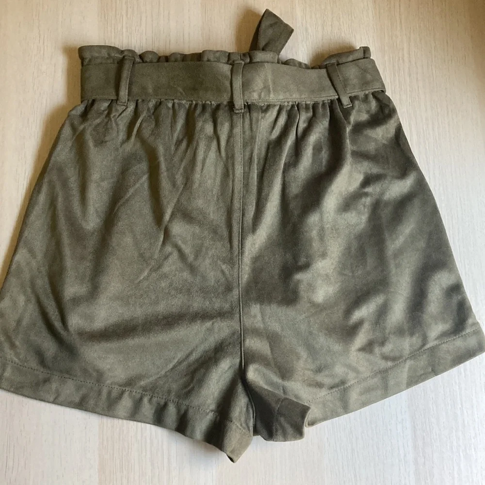 She & Sky Dressy Paper Bag Shorts, green suede, size small